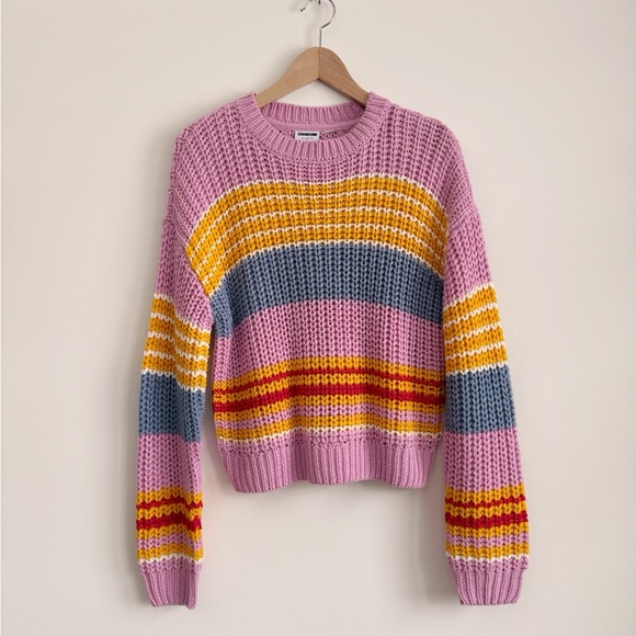Noisy May Sweaters - Noisy May Pink Multicolor Striped Chunky Knit Sweater